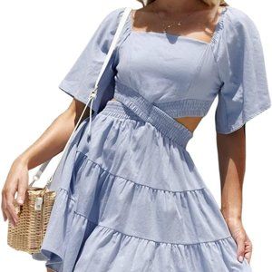 2024 Blue Summer Dress Square Neck Short Sleeve Cutout Hollow-Out Crossover